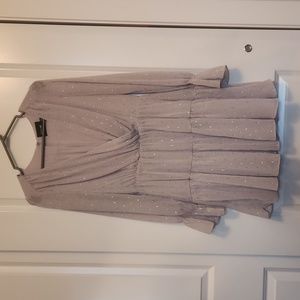 DO+BE long sleeve, deep V, mini dress. Grey with gold and silver accents.